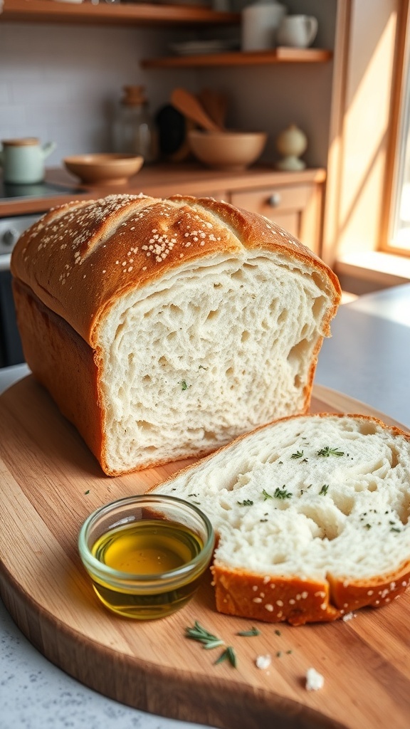 Overnight Gluten-Free Bread Recipe A golden brown loaf of gluten-free bread sliced on a wooden board, with a bowl of olive oil beside it.